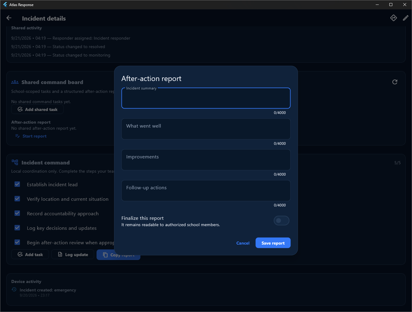 Atlas Response after-action report in the desktop command center