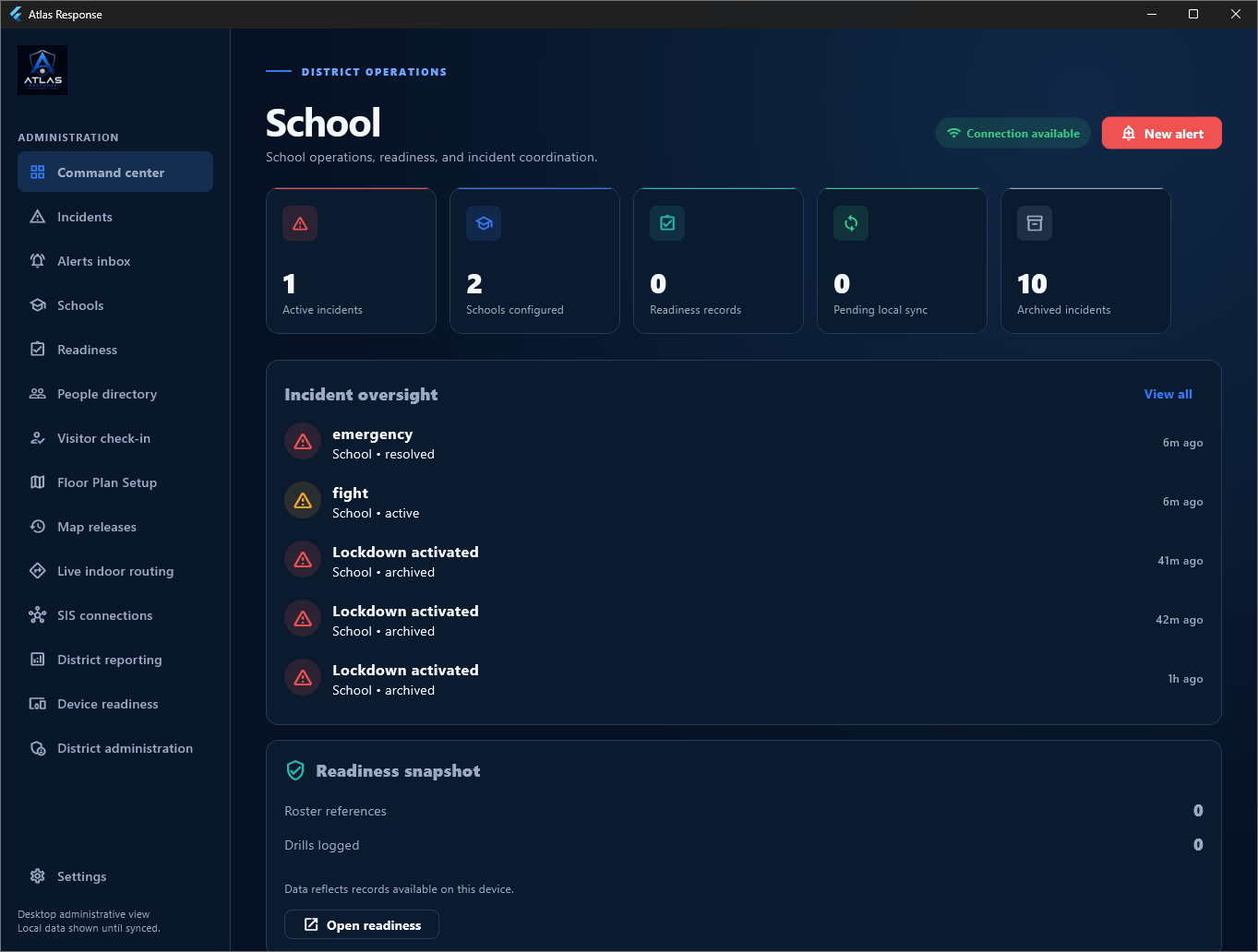 Atlas Response district command center showing incidents, schools, readiness, and system status