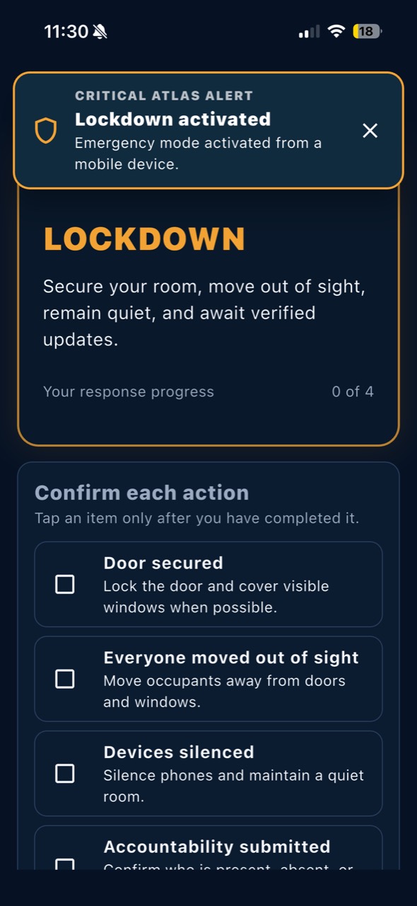 Atlas Response lockdown alert with staff confirmation checklist